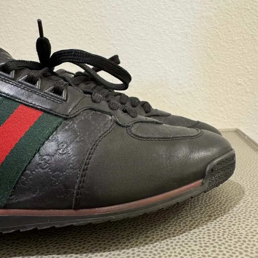 Gucci Shoes Micro Guccissima Black Leather Web Low Top Gucci Sneakers Sz 8 G
